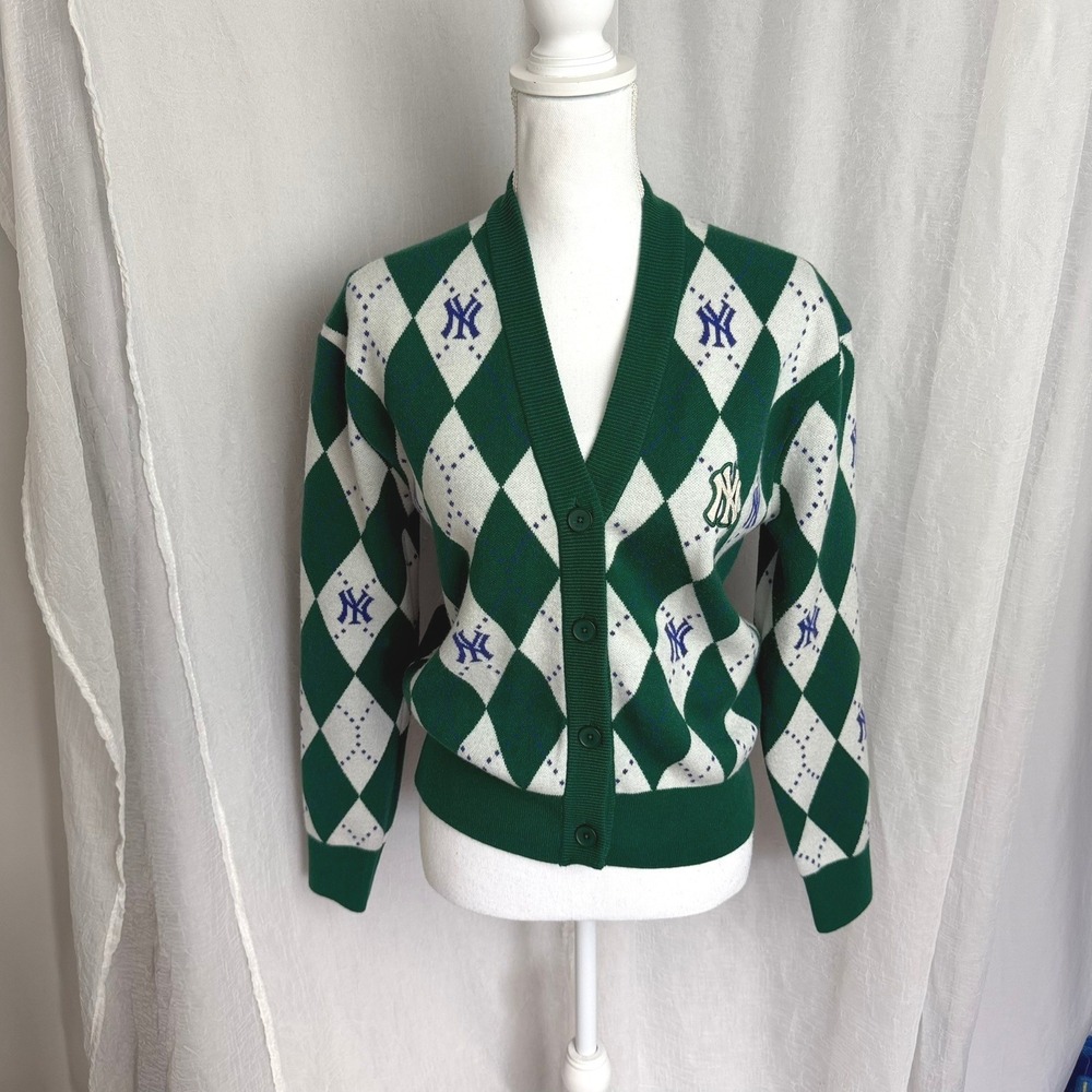 MLB New York Yankees Cardigan Women S Green Argyle Knit Sweater 3FKCM0134 Rare